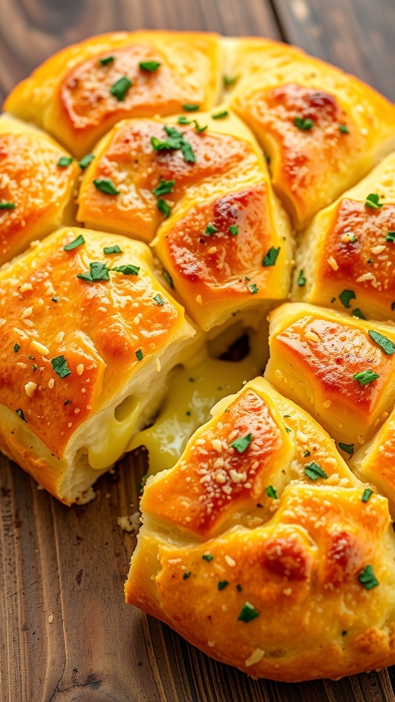 Golden pull apart garlic cheese bread with melted cheese and parsley on a rustic wooden table.